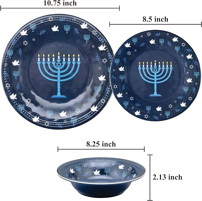 UPware 12 Piece Hanukkah Menorah Melamine Dinnerware Sets Outdoor Dishes Set Plates and Bowls Sets Hanukkah Decorations Service for 4 Indigo Blue