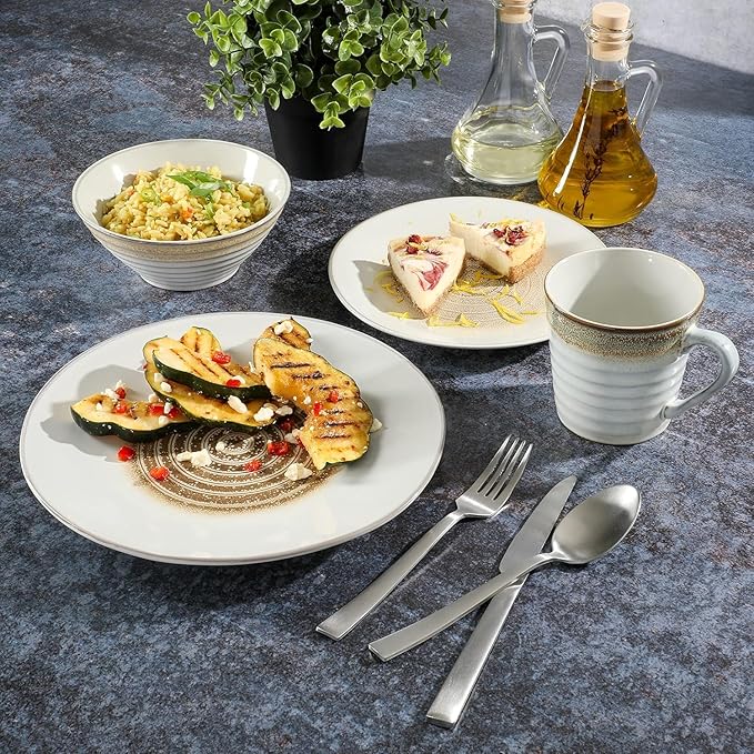 Spiral Embossed 16 Piece Stoneware Dinnerware Set – Rustic Reactive Glaze Plates Bowls &amp Mugs Microwave &amp Dishwasher Safe (Taupe)