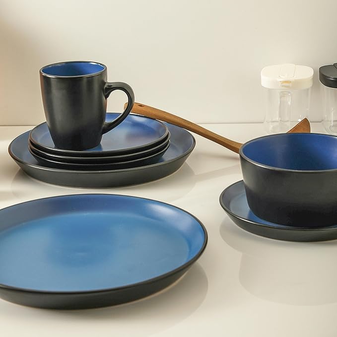 Stone Lain Albie Stoneware 16-Piece Modern Dinnerware Set Kitchen Plates and Bowls Sets Service for 4 Blue and Black Microwave &amp Dishwasher Safe