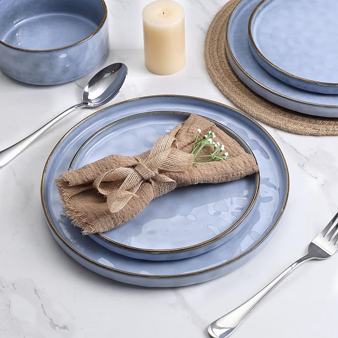 LIANYU 16-Piece Dinnerware Set Stoneware Dishes Ceramic Plates and Bowls Microwave &amp Dishwasher Safe Serenity Blue
