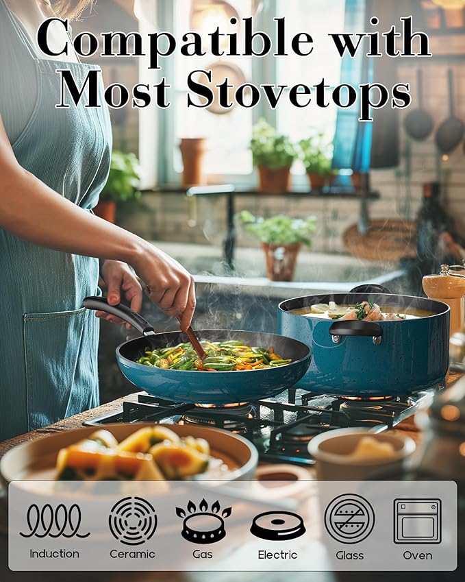 Cook N Home Pots and Pans Nonstick Cookware Set 12-Piece Kitchen Cooking Set with Frying Pans and Saucepans Induction Compatible Turquoise