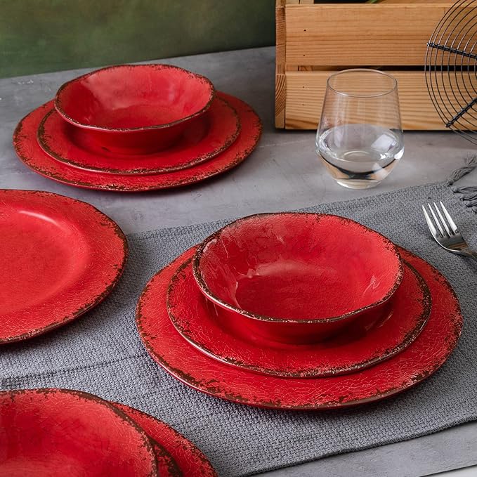 LEHAHA Farmhouse Plates and bowls set 12 Piece Christmas Melamine Dinnerware Sets for 4Lightweight and Unbreakable Dishes SetPerfect for Indoor and Outdoor and Picnic use. Red