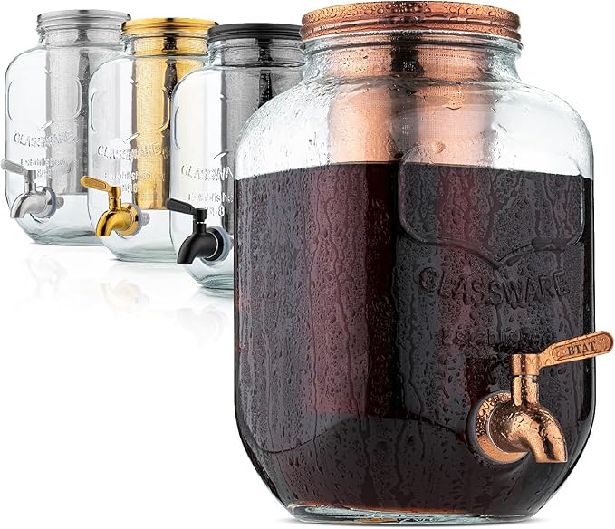 BTaT- 1 Gallon Cold Brew Coffee Maker Thick Glass Pitcher with Stainless Steel Filter Lid &amp Spigot Iced Coffee &amp Sun Tea Brewer Large Mason Jar Cold Brew Container Fast Iced Tea Maker for