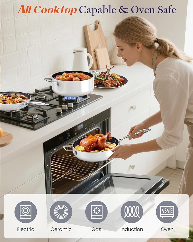 Nuwave Essential Series 5PC Ceramic Cookware Set PFAS-Free G11 Duralon Blue Coating Pots and Pans Set Non Stick Diamond Scratch-ResistantStay-Cool Handle Metal LidInduction ReadyDishwasher Safe