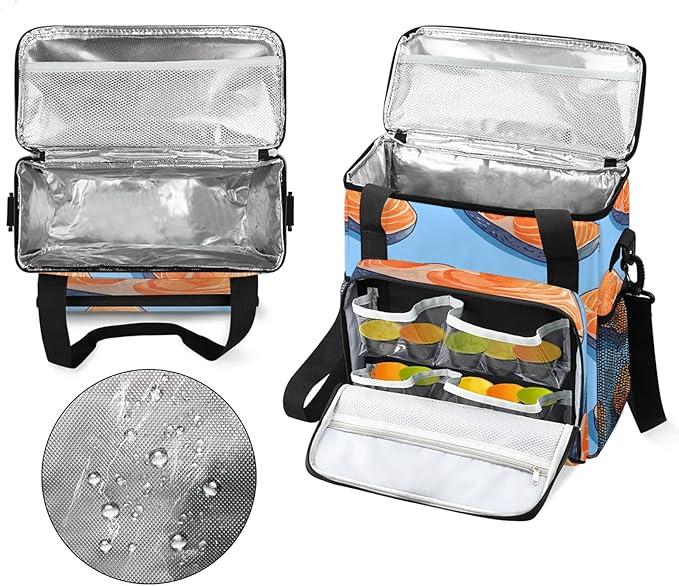 Fish Coffee Maker Travel Bag Fishes Salmons Insulated Grocery Bag Travel Picnic Leakproof Cooler Bags With Shoulder Strap