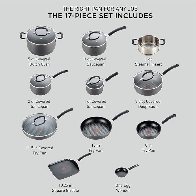 T-Fal Ultimate Hard Anodized Nonstick Pots and Pans Set 17 Piece Nonstick Cookware Set with Fry Pan Saucepans Saute-Pan Griddle Dishwasher Safe Black