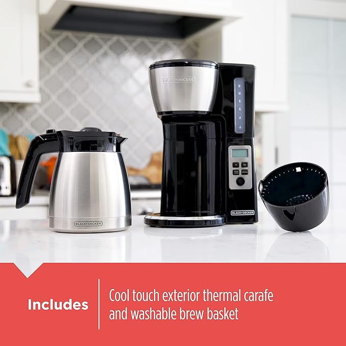 BLACK+DECKER 12 Cup Thermal Programmable Coffee Maker with Brew Strength and VORTEX Technology Black/Steel CM2046S