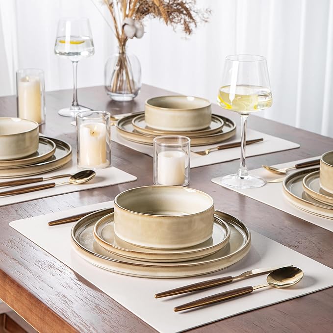 AmorArc 12 pcs Ceramic Dinnerware Sets with 6pcs Coffee mugsHandmade Reactive Glaze Plates and Bowls Sets Dishwasher &amp Microwave Safe Dishes Set Service for 4