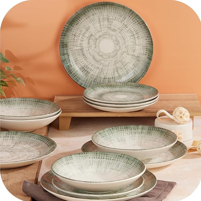 Corona 12-Piece Textured Modern Textured Finish Ceramic Dinnerware Sets Plates and Bowls Service For 4 Microwave and Dishwasher Safe Elara