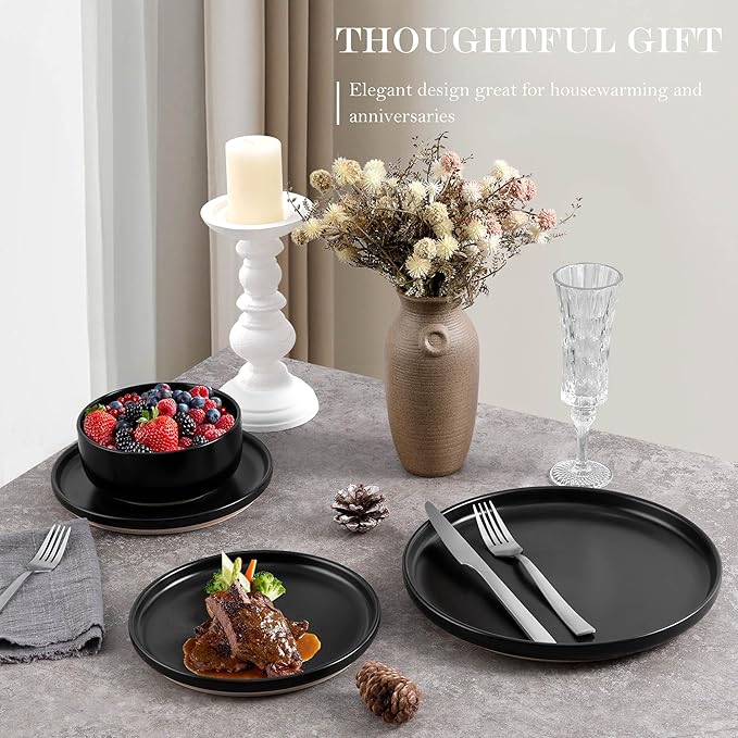 Vesteel 12-Piece Dinnerware set Ceramic Plates and Bowls set for 4 Speckled Stoneware Dishes Set for Family Microwave &amp Dishwasher Safe - Matte Black