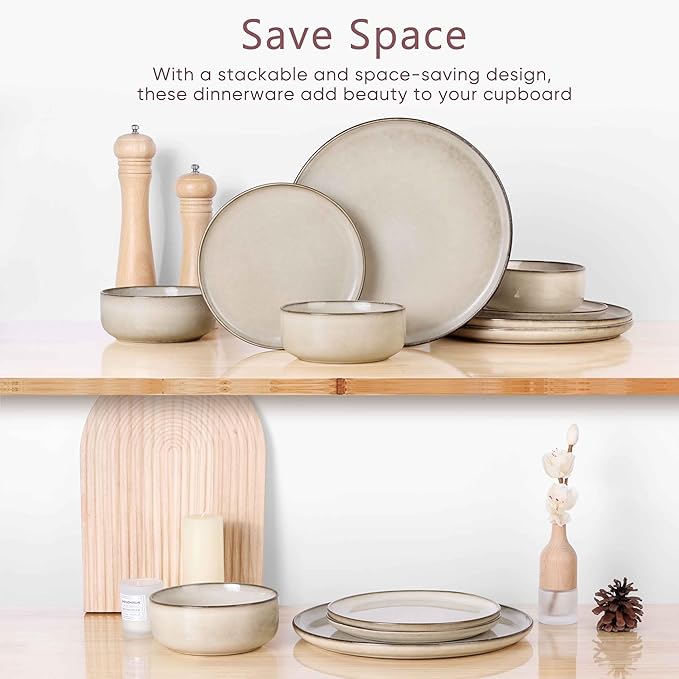 Herogo Dinnerware Sets with Pasta Bowls 16 Piece Plates and Bowls Set for 4 Modern Stoneware Dinner Dishes for Kitchen Dinning Dishwasher &amp Microwave Safe Cream Khaki