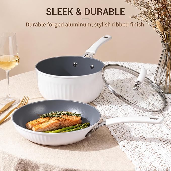 Ammeloo 15-Piece Ribbed Ceramic Cookware Set Pots and Pans Set Non Stick Induction Ready Healthy Non Toxic Kitchen Cooking Set PFAS/PFOA/PTFE-Free Silicone-wrapped Stay-Cool Handle