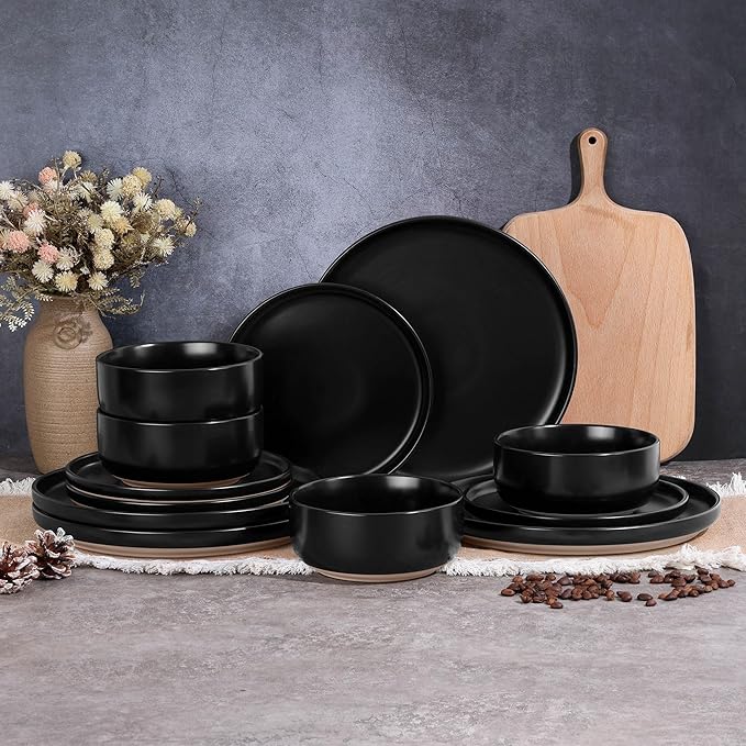 Vesteel 12-Piece Dinnerware set Ceramic Plates and Bowls set for 4 Speckled Stoneware Dishes Set for Family Microwave &amp Dishwasher Safe - Matte Black