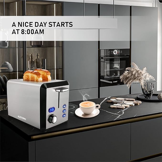Toaster 2 Slice Wide Slot Stainless Steel Toaster with 6 Browning Levels Reheat &amp Defrost for Bagel Toast Bread Kitchen Essentials Removable Crumb Tray (sliver)