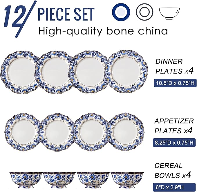 ACMLIFE 12-Piece Bone China Dinnerware Set Blue and White Vintage Floral Dinnerware Set Service for 4 Lightweight Plates and Bowls Set with Gift Box (Blue-B)