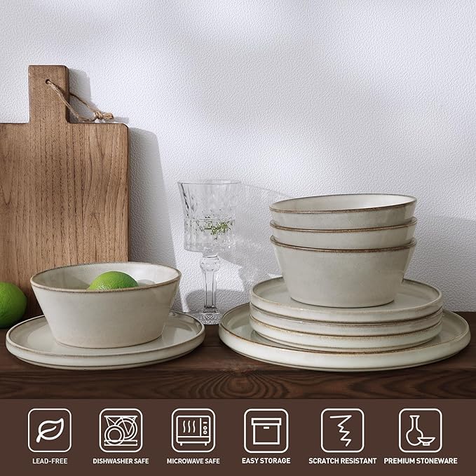 Famiware Annecy Dinner Plates and Bowls Sets Stoneware Dinnerware Sets Dishes Set for 6 18 Pieces Handmade Dishware Set - Microwave &amp Dishwasher Safe Double Reactive Glaze Tableware Grey-Whit
