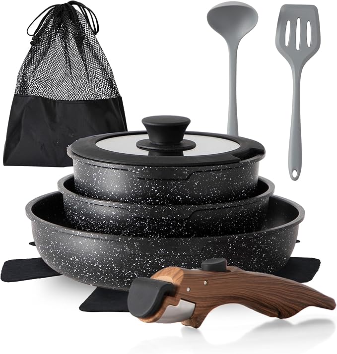 10 Pcs Pots and Pans Set Non Stick Nonstick Kitchen Cookware Sets Detachable Handle Induction Pots and Pans Set with Removable Handle RV Cookware Set for Camping Oven Safe PFOS PFOA Free Black