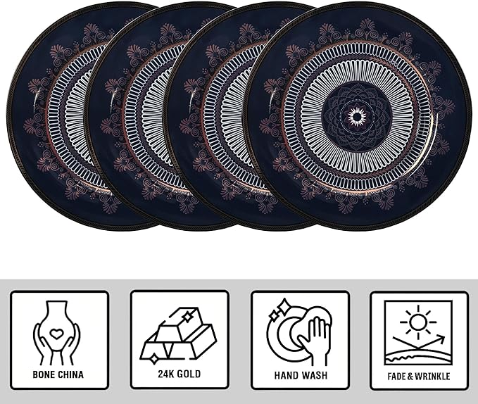 Bone China Deep Plate Set of 4 Dinner Plates Salad Plates Dinnerware Sets Serving Bowls Soup Bowls Kitchen Plates Tableware Set for Home and as a Gift (Noble Cobalt)