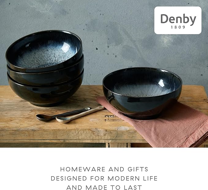Denby - Halo Dinner Set for 4-16 Piece Tableware - Dishwasher Microwave Safe Stoneware Crockery - Reactive Glaze Black Grey Colour - Set of 4 Dinner Plates Small Plates Cereal Bowls Coffee Mugs