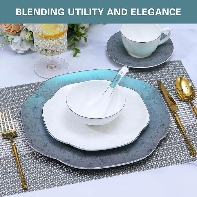 24-Piece Ceramic Porcelain Dinnerware Set for 4Bone China - Green Handmade flowers Plates &amp Bowls | Heavy Duty Chip &amp Scratch Resistant | Gourmet Oven &amp Dishwasher Safe