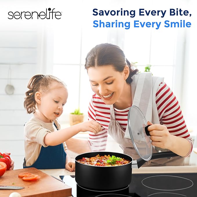 SereneLife 6-Piece Pots and Pans Set – Nonstick Cookware Black Coating Heat-Resistant Dishwasher safe Includes Fry Pans Saucepans with Lids Color Black