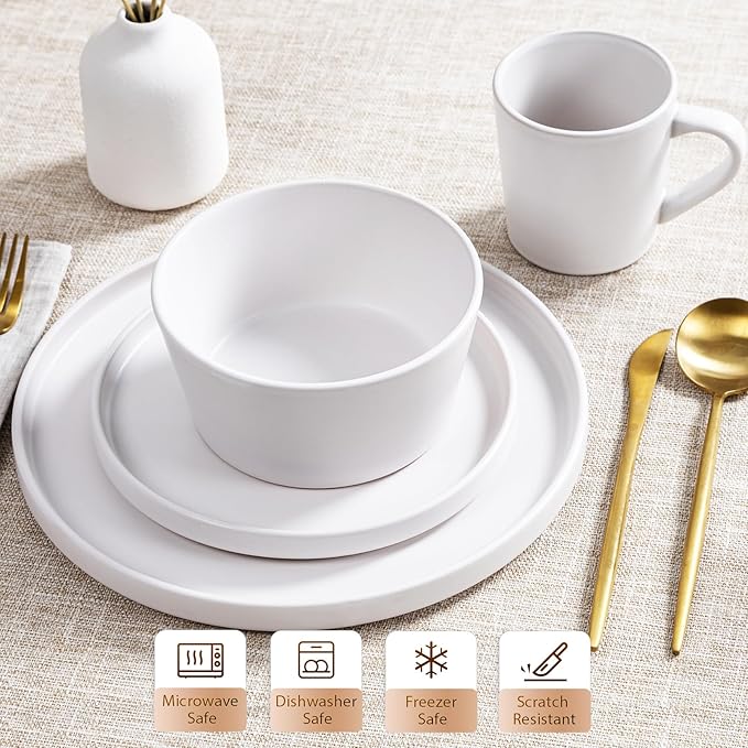 Plates and Bowls Sets for 4 - CJDC-QUELO 16 Piece Stoneware Dinnerware Sets with Mugs Ceramic Dishware Sets for Kitchen Dining Use Chip and Scratch Resistant Microwave Dishwasher Safe White