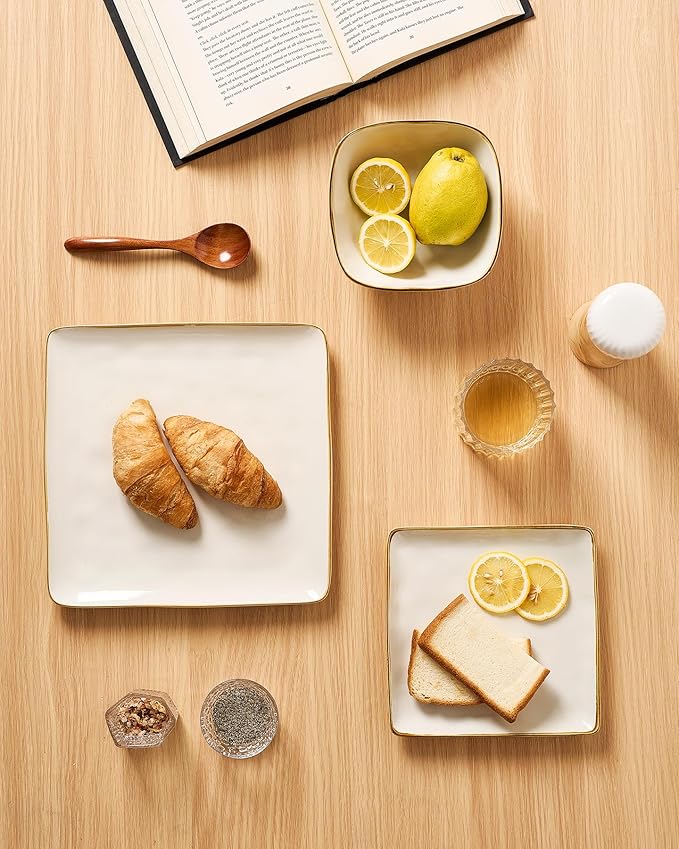 Famiware Dinnerware Sets for 4 Ocean Square 12-Piece Kitchen Plates and Bowls Sets Microwave and Dishwasher Safe Scratch Resistant Vanilla White