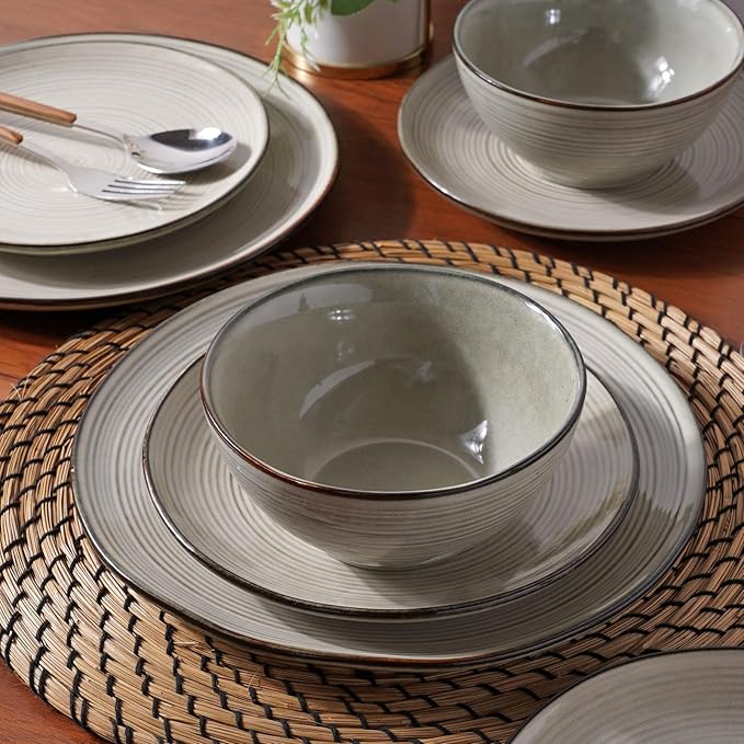 famiware Tempus Plates and Bowls Sets for 8 24 Pieces Stoneware Dinnerware Sets Dishes Set Reactive Glaze Dishware Sets Dishwasher &amp Microwave Safe - Castle Wall