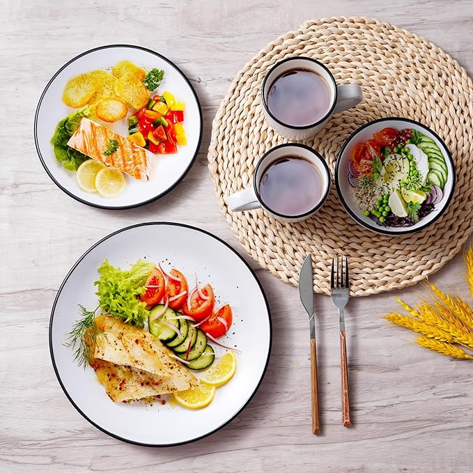 Homlouue 16 Pieces Stoneware Dinnerware Set Speckled Ceramic Plates and Bowls Mugs Sets Service for 4 Ceramic Dishes Set Microwave and Dishwasher Safe(White with Black Rim)