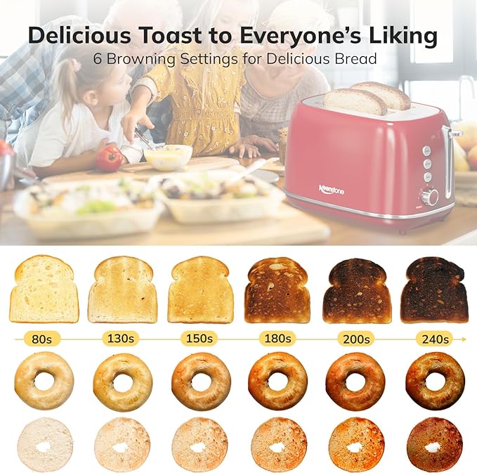 2 Slice Stainless Steel Toaster Retro with 6 Bread Shade Settings Bagel Cancel Defrost Function Extra Wide Slot Removable Crumb Tray Red