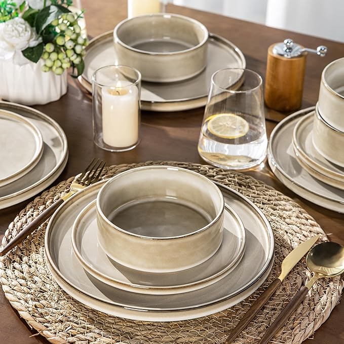AmorArc 12 pcs Ceramic Dinnerware Sets with 6pcs Coffee mugsHandmade Reactive Glaze Plates and Bowls Sets Dishwasher &amp Microwave Safe Dishes Set Service for 4