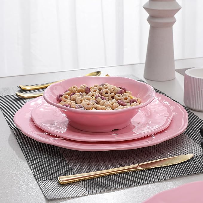 18 Piece Pink Dinnerware Set Lightweight Kitchen Dining Plates and Bowls Set Durable Melamine Dishes Set of 6 Unbreakable RV Camping Dishes Dishwasher Safe