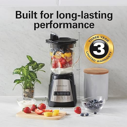 Hamilton Beach Power Elite Wave Action Blender For Smoothies 40 Oz Glass Jar 12 Functions Including Puree Crush Ice 700 Watts - Black (58148A)
