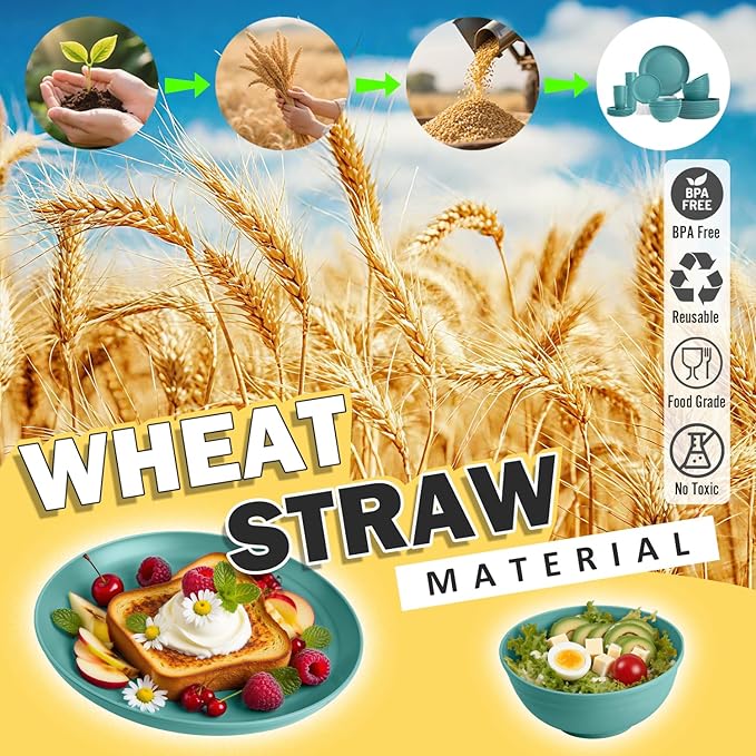 Wheat Straw Dinnerware Sets 32 PCS Dishes Set for 8 Unbreakable Plates and Bowls Sets Microwave Safe Dinnerware Set for Kitchen Outdoor Camping RV - Green