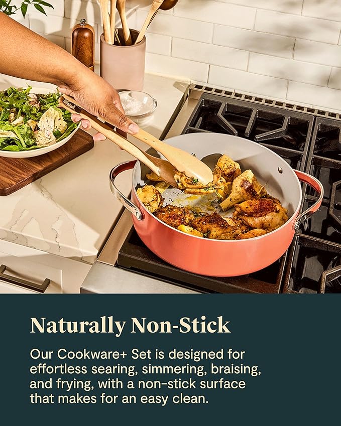 Caraway Cookware+ Collection - Specialty Cookware Set - Petite Cooker Stir Fry Pan Rondeau &amp Stock Pot - 3 Lids &amp Storage Organizer Included - Perracotta