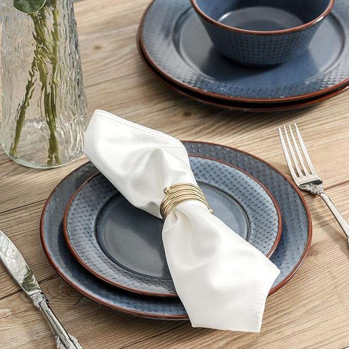 HVH Plates and Bowls Sets 16 Pieces Stoneware Dinnerware Sets Kitchen Dishes Set for 4 Dinner Dessert Plates Cereal Bowls and mugs for Party and Dinner Cross Pattern Farmhouse Style (Dark Blue)