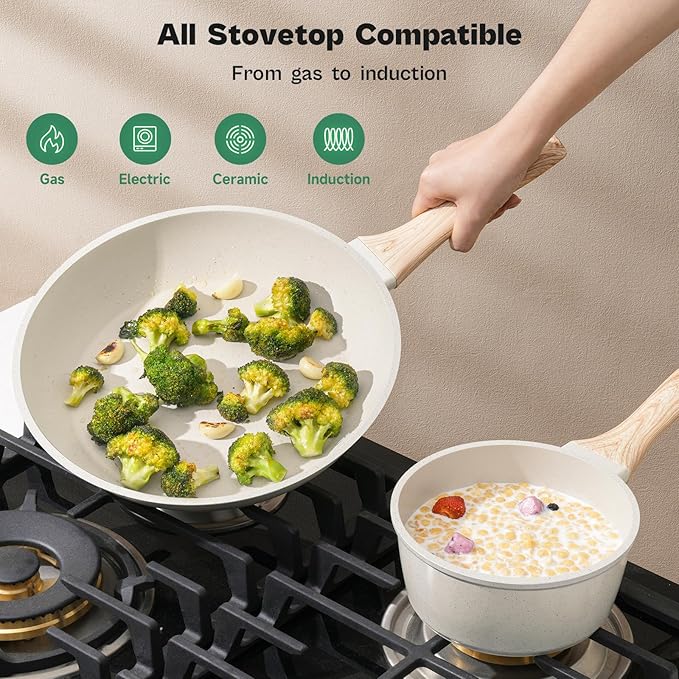 13 Pcs Pots and Pans Set Nonstick Cookware Sets White Granite Induction Cookware Non-toxic Healthy Non stick Kitchen Cooking Set with Frying Pans Set Saucepans (PFAS/PFOA/PFOS Free)