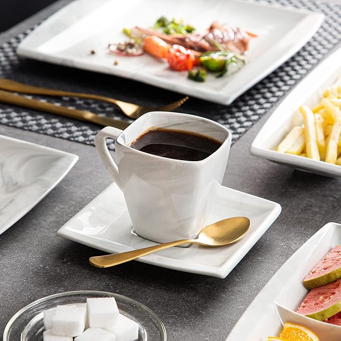 MALACASA Dinnerware Sets 32 Pieces Porcelain Plates and Bowls Sets for 6 Marble Grey Dishes with Plates and Bowls Cups and Saucers Side Dish Plates Square Dinner Set Series Blance