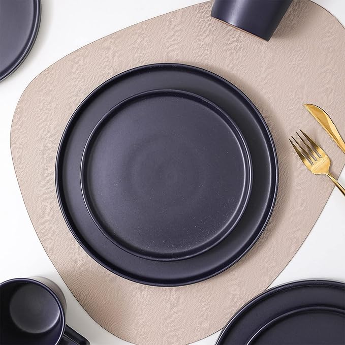 Stone Lain Cleo Stoneware 32-Piece Modern Dinnerware Set Plates and Bowls Dark Blue Service for 8 Microwave &amp Dishwasher Safe