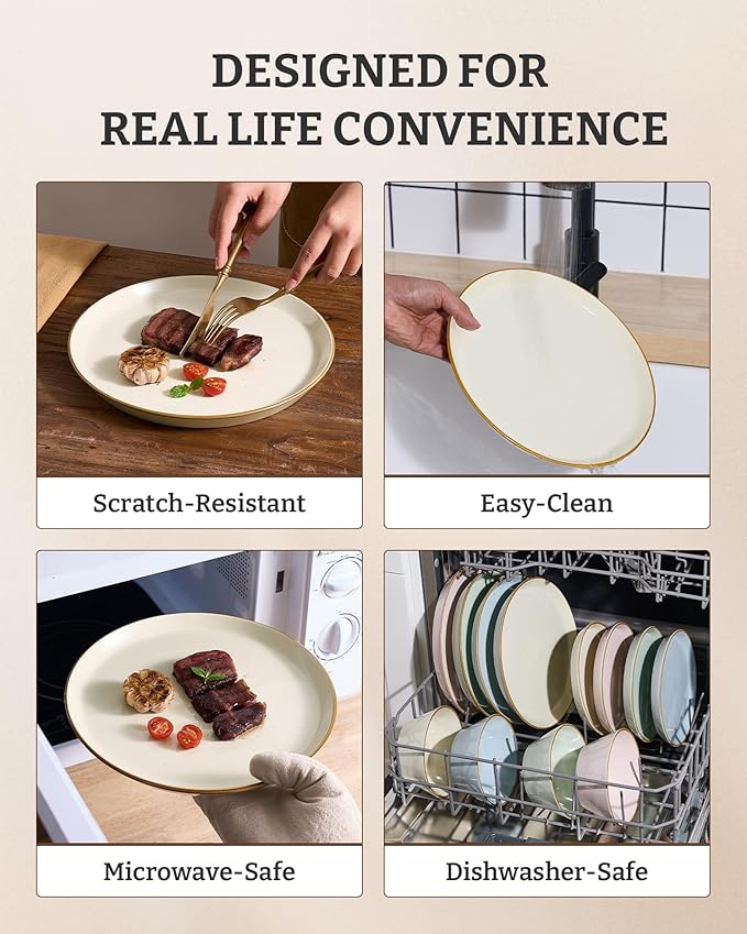 Famiware Saturn Plates and Bowls Dish Sets for 6 (18 Pieces) Stoneware Dinnerware Set with Hand-Painted Trim - Chip &amp Scratch Resistant Microwave &amp Dishwasher Safe Ceramic Dishes Vanilla Wh