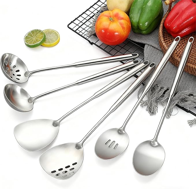 6Pcs Stainless Steel Kitchen Utensils Set – Cooking Utensils Set Stainless Steel Metal Cooking Utensils with Wok Spatula Serving SpoonsLadle Set– Durable Cooking Supplies for Home and Camping