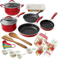 The Pioneer Woman Frontier Speckle Fancy Flourish Cookware and Bakeware Set Aluminum Nonstick 22 Piece Kitchen Tools Red