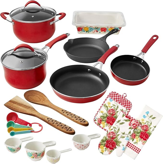 The Pioneer Woman Frontier Speckle Fancy Flourish Cookware and Bakeware Set Aluminum Nonstick 22 Piece Kitchen Tools Red