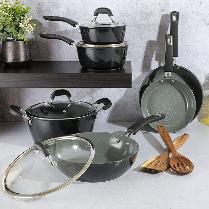 Kenmore Arlington Healthy Nonstick Ceramic Coated Forged Aluminum Induction Cookware 12-Piece Black Exterior/Grey Interior