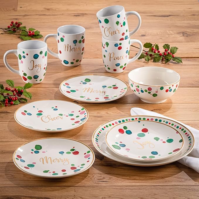 American Atelier 7275-16-RB Christmas Confetti 16 Piece Round Dinnerware Set 10.5 Gold/Multicolor