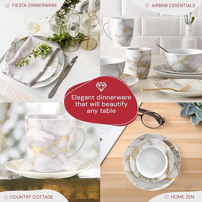 Pemberly Row Contemporary 16-Piece Porcelain Dinnerware Set Gold Marble Finish Lightweight Chip-Resistant Dishwasher &amp Microwave Safe Includes Plates Bowls Mugs for Everyday or Special Occas
