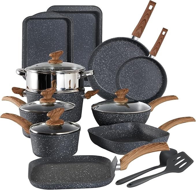 17 Piece Pots and Pans Set Non Stick Kitchen Cookware Sets with Nonstick Granite Stone Coating Suitable for Induction Cooktops Black