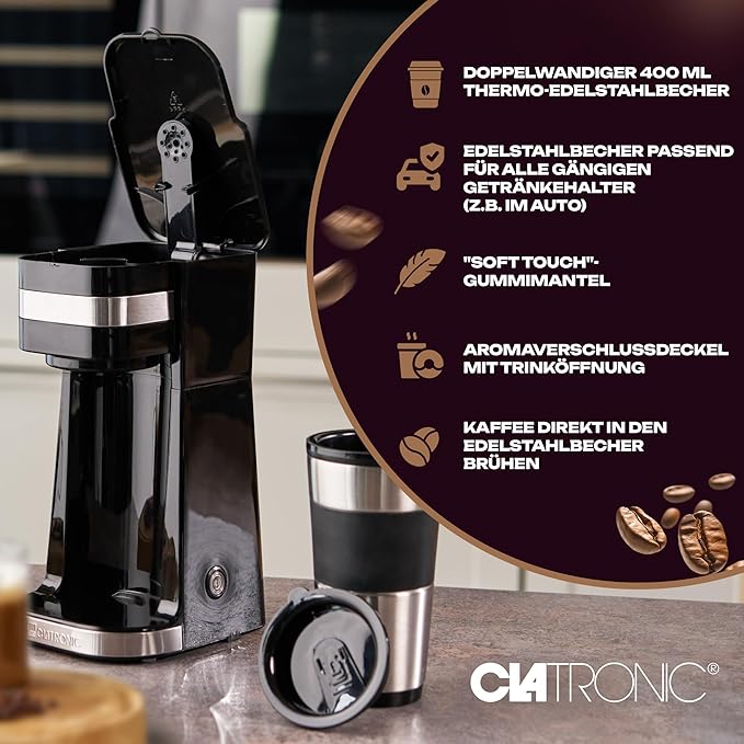 Clatronic Coffee Machine with Coffee To Go Mug 400 ml Suitable for All Standard Drink Holders (e.g. Car) Filter Coffee Machine with Stainless Steel Cup and Aroma Lid Coffee Machine Small KA 3733