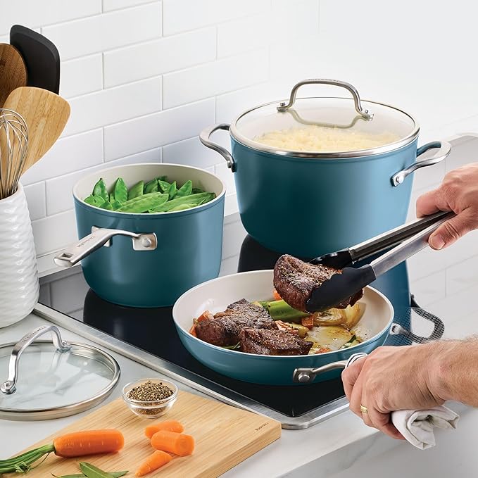 KitchenAid Hard Anodized Ceramic Induction Nonstick Pots and Pans Set with Saucepans Frying Pans Stockpot and Lids Dishwasher Safe 9 Piece Cookware Set with Stainless Steel Handles - Agave Blue