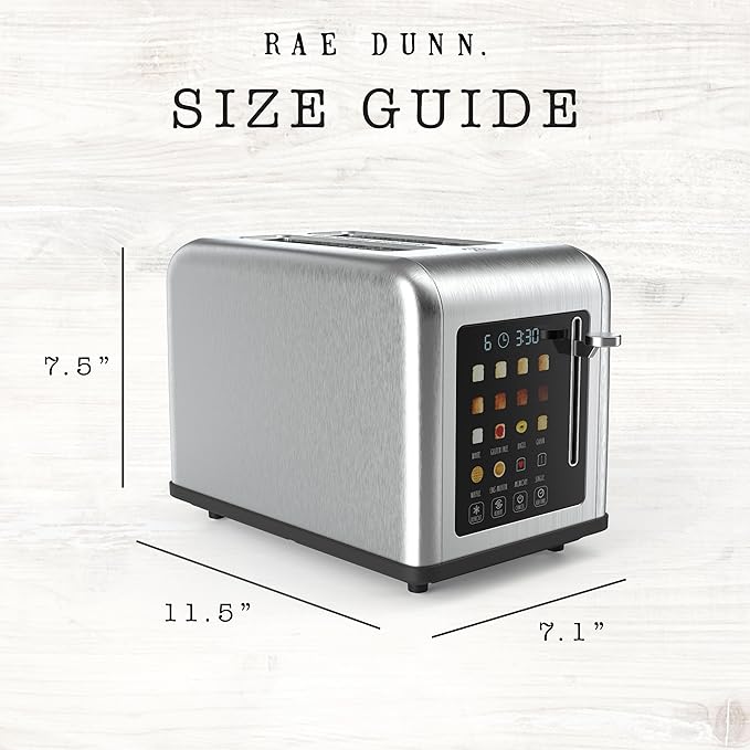 Rae Dunn 2 Slice Smart Toaster Digital Display Wide Slots 8 Browning Levels 6 Bread Types 4 Functions (Defrost Reheat Cancel Add Time) 825W Digital Stainless Steel